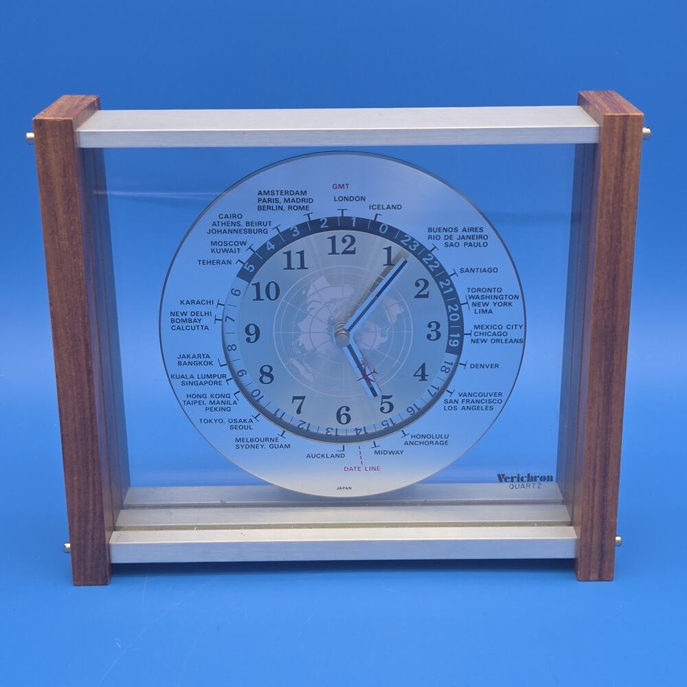 Vintage Verichron Quartz World Clock Japan Mid Century Wood Metal Glass Works